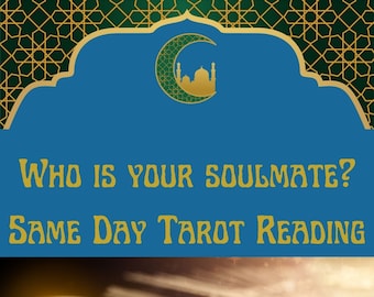 May include: A blue graphic with a gold crescent moon and mosque silhouette, featuring the text "WHO IS YOUR SOULMATE? SAME DAY TAROT READING." Below, a lit candle, a dark pendulum, and tarot cards including "THE LOVERS" and "THE EMPRESS."