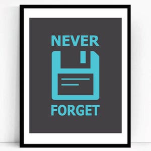 May include: A dark gray poster with the text "NEVER FORGET" in light blue. A blue floppy disk icon is between the words.