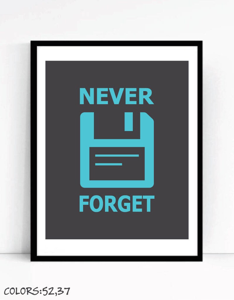May include: A dark gray poster with the text "NEVER FORGET" in light blue. A blue floppy disk icon is between the words.