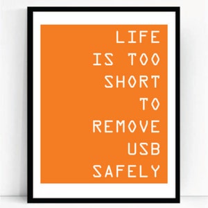 May include: A framed print with an orange background and white text that reads "LIFE IS TOO SHORT TO REMOVE USB SAFELY".