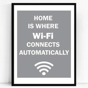 May include: A framed print with a gray background and white text that reads "Home is where Wi-Fi connects automatically". A white Wi-Fi symbol is below the text.