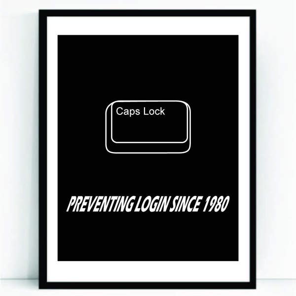 Afdrukbare Caps Lock voorkomen login kunst voor geeks, zwart, digitale download, office gallery muur, citaat computer codering engineer programmeur