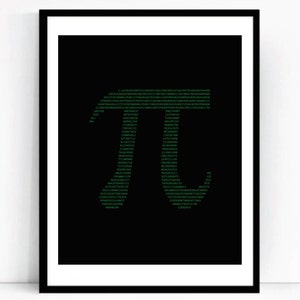 May include: A black background with a green outline of the mathematical symbol pi, formed by the digits of pi. The digits are in a green font.