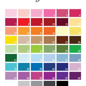 May include: A color chart with 53 different colors, numbered 1 through 53. The colors are arranged in a grid of 6 columns and 9 rows. The colors range from light pink to dark purple.