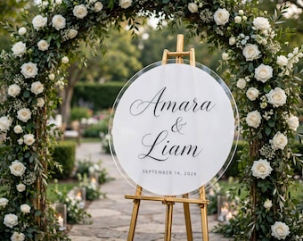 Cartello rotondo in acrilico per matrimonio / Cartello di benvenuto rotondo personalizzato / Cartello d'ingresso personalizzato in acrilico / Bianco, trasparente e satinato / Matrimonio in una destinazione esotica