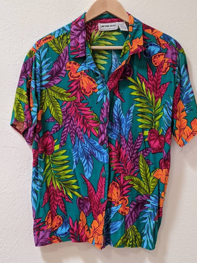 Vintage 80/'s Tropical Neon Buttondown T-Shirt XL All Over Print