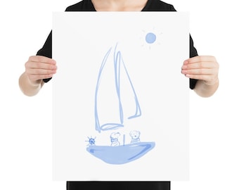 Blue Sailor Puppy Print, Nautical Wall Art, Sailboat, Boy Nursery Decor