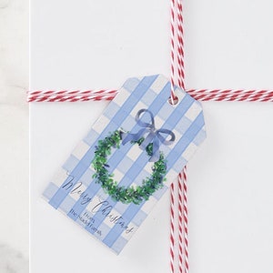 PERSONALIZED Watercolor Wreath Tag, Gingham Blue Holiday Gift Tags, Christmas Tags, Christmas Gift Tag, Christmas Label, Holiday Tag