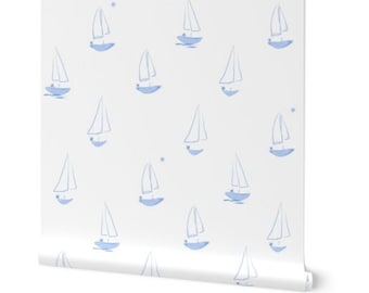 Papel de parede de veleiro azul descascado e colado, papel de parede removível costeiro, rolo de papel de parede autoadesivo náutico, casa de praia, berçário de menino