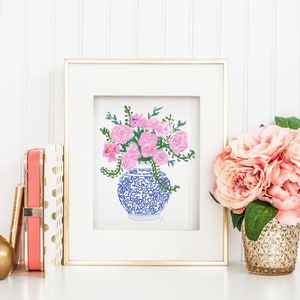 Rosa Pfingstrosen in einer blauen und weißen Ming Vase SOFORTIGER DOWNLOAD, Blauer Ingwer Jar Druck, adrette Wandkunst, adrette Kunstdrucke