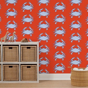 Peel and Stick Blue Crab Temporary Wallpaper, Coastal Renters Wallpaper, Nautical Tropical Self Adhesive Wallpaper Roll, Beach Removable