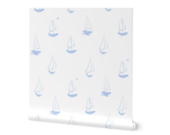 貼り付け済みの青い帆船の壁紙、海岸の剥がせる壁紙、海の自己接着壁紙ロール、ビーチホーム、男の子の保育園、剥がせる