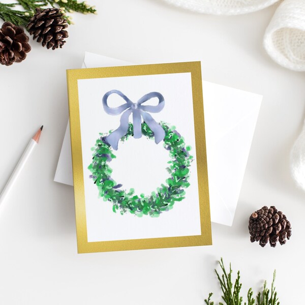 Blue and Kelly Green Christmas Wreath Stationery with Gold Foil Border on Recycled Paper