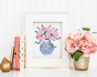 Pink Peonies in a Blue and White Ming Vase INSTANT DOWNLOAD, Blue Ginger Jar Print, Preppy Wall Art, Preppy Art Prints