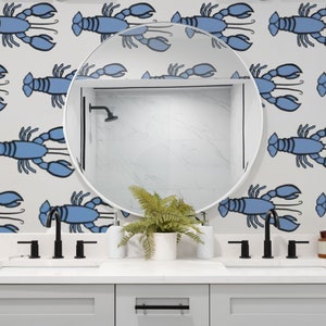 Peel and Stick Blue Lobster Wallpaper, Coastal Renters Wallpaper, Nautical Tropical, Self Adhesive Wallpaper Roll, Beach, Removable Paper