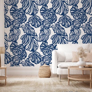 Pre-pasted Removable Palm Beach Navy Wallpaper, Removable Coastal Wallpaper, Nautical Wallpaper Roll, Temporary Beach, Ocean Fronds, Leaves