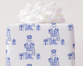 Christmas Nutcrackers Wrapping Paper, Blue and White Holiday Gift Wrap, Cute Nutcracker Gift Wrap, Nutcracker Baby Shower, Grandmillenial