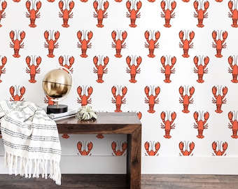 Peel and Stick Red Lobster Wallpaper, Coastal Wallpaper, Nautical Wallpaper, Ocean Beach Decor, Cape Cod theme, Removable Wallpaper