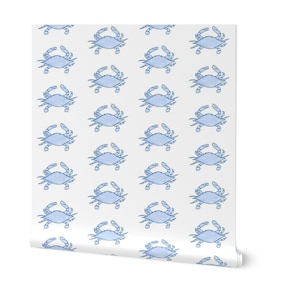 Pre-pasted Removable Blue Crab Wallpaper, Coastal Renters Wallpaper, Nautical Tropical, Self Adhesive Wallpaper Roll, Beach, Removable Paper
