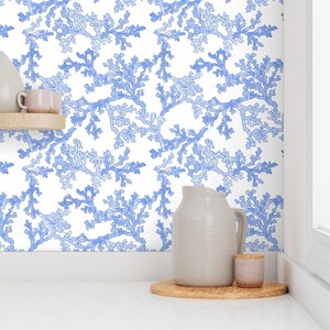 Light blue coral removable wallpaper featured in a breakfast nook.