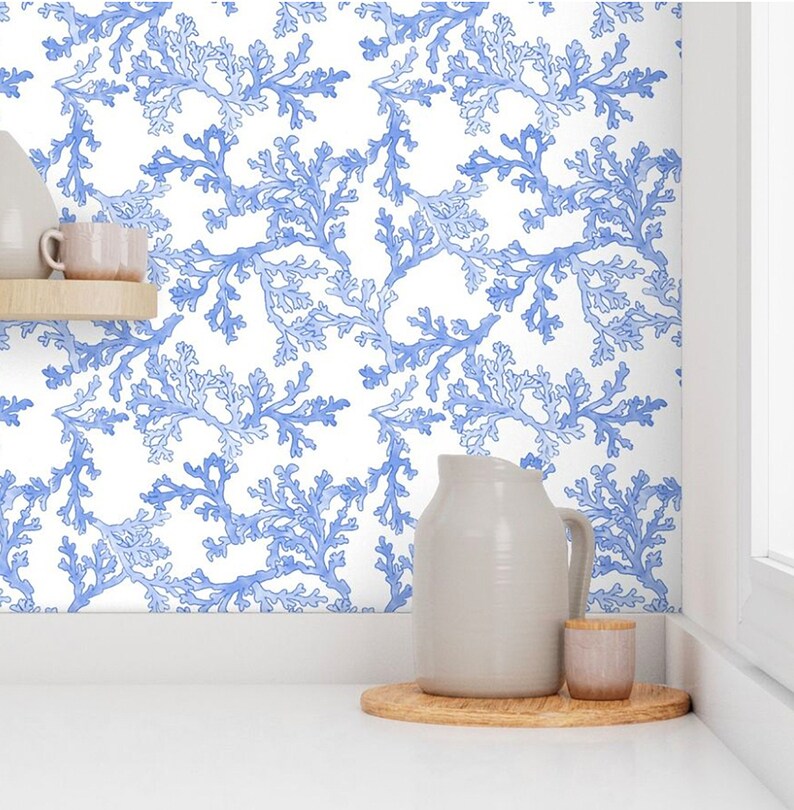 Light blue coral removable wallpaper featured in a breakfast nook.