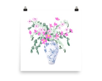 Cuadro decorativo de estilo chinoiserie rosa fucsia / Lámina de peonía en acuarela / Decoración de porcelana azul y blanca / Arte costero preppy / Descarga digital / Habitación de niña