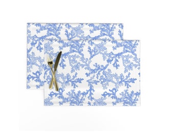 Blue Coral Linen Cotton Canvas Placemats, Coastal Dinner Placemats, Nautical Tropical Dining Table, Beach Home Decor