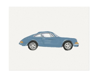 Blue Porsche 911 Print, Textured Watercolor Matte Poster, Watercolor Print, Boy Nursery Wall Art, Classic Car Art