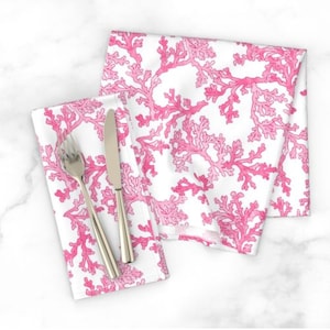 Pink Coral Dinner Napkins Set of 2, Coastal Napkins, Nautical Dining Table, Beach Home Decor, Linen Cotton, Navy Palm Fonds