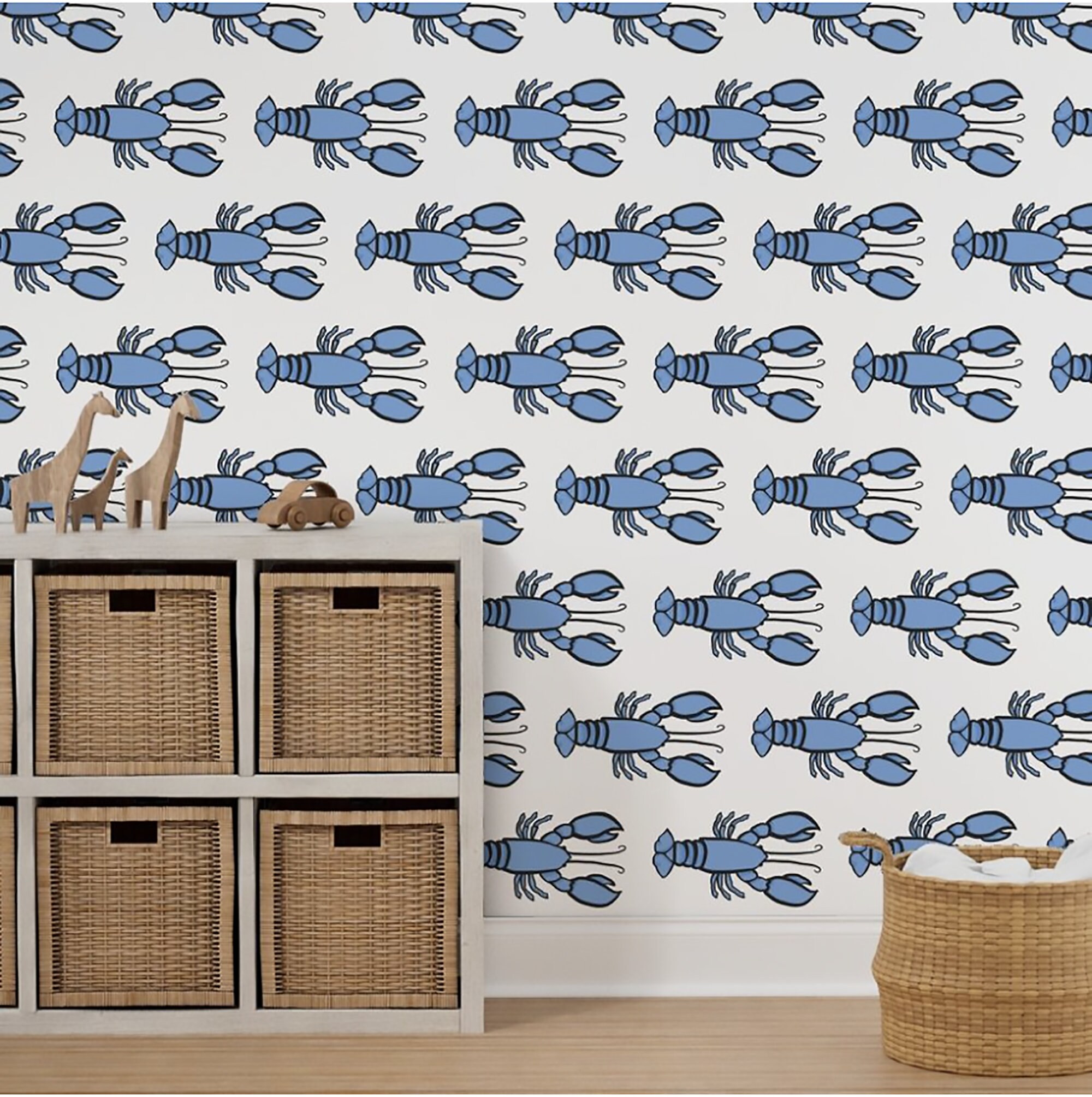 Peel and Stick Blue Lobster Wallpaper, Coastal Renters Wallpaper — free download