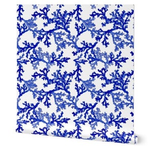 Pre-Pasted Navy Coral Temporary Wallpaper, Blue Coastal Renters Wallpaper, Nautical Removable Wallpaper Roll, Beach, Temporary Paper