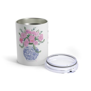 Pink Peonies in a Blue and White Ming Vase Tumbler 10oz, Iced Coffee or Hot Drink Tumbler, Eco-Friendly Stainless Steel Reusable Cup