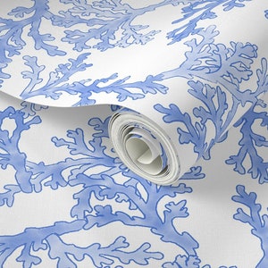 Pre-Pasted Blue Coral Wallpaper, Coastal Wallpaper, Nautical, Palm Beach, Temporary Wallpaper Roll, Removable Wallpaper, Blue Coastal