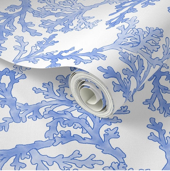 Pre-Pasted Blue Coral Wallpaper, Coastal Wallpaper, Nautical, Palm Beach, Temporary Wallpaper Roll, Removable Wallpaper, Blue Coastal