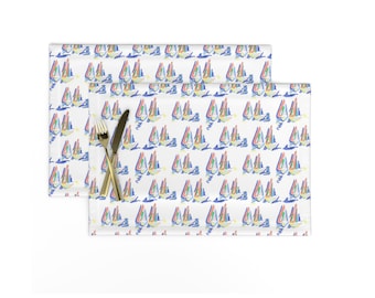 Blue Sailboat Linen Cotton Canvas Placemats, Coastal Dinner Placemats, Nautical Tropical Dining Table, Beach Home Decor, Skip Jack Pattern