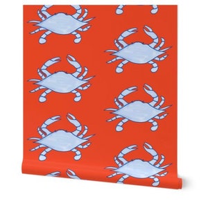 Pre-Pasted Blue Crab Wallpaper, Coastal Renters Wallpaper, Nautical Tropical Self Adhesive Wallpaper Roll, Beach, Removable Temporary Paper