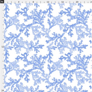 Pode incluir: Um padr&atilde;o sem costura com ramos de coral azul aquarela sobre um fundo branco.