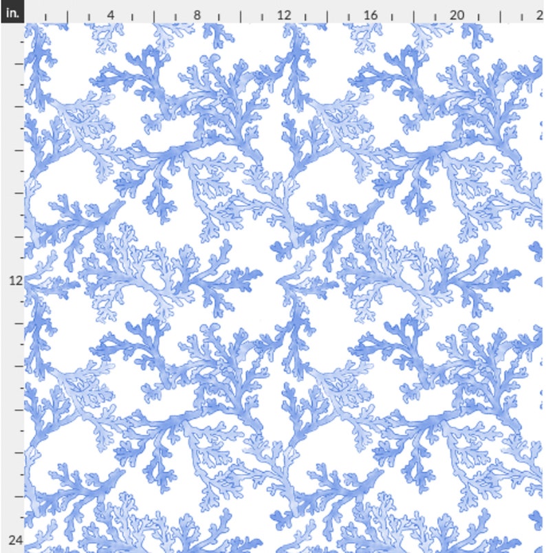 Pode incluir: Um padr&atilde;o sem costura com ramos de coral azul aquarela sobre um fundo branco.