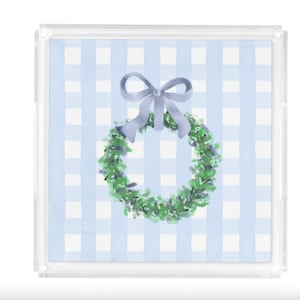 Blue and Kelly Green Wreath with Blue Gingham Square Acrylic Tray | Coffee Table Tray with Handles, Catch All Tray, Lucite Breakfast Tray