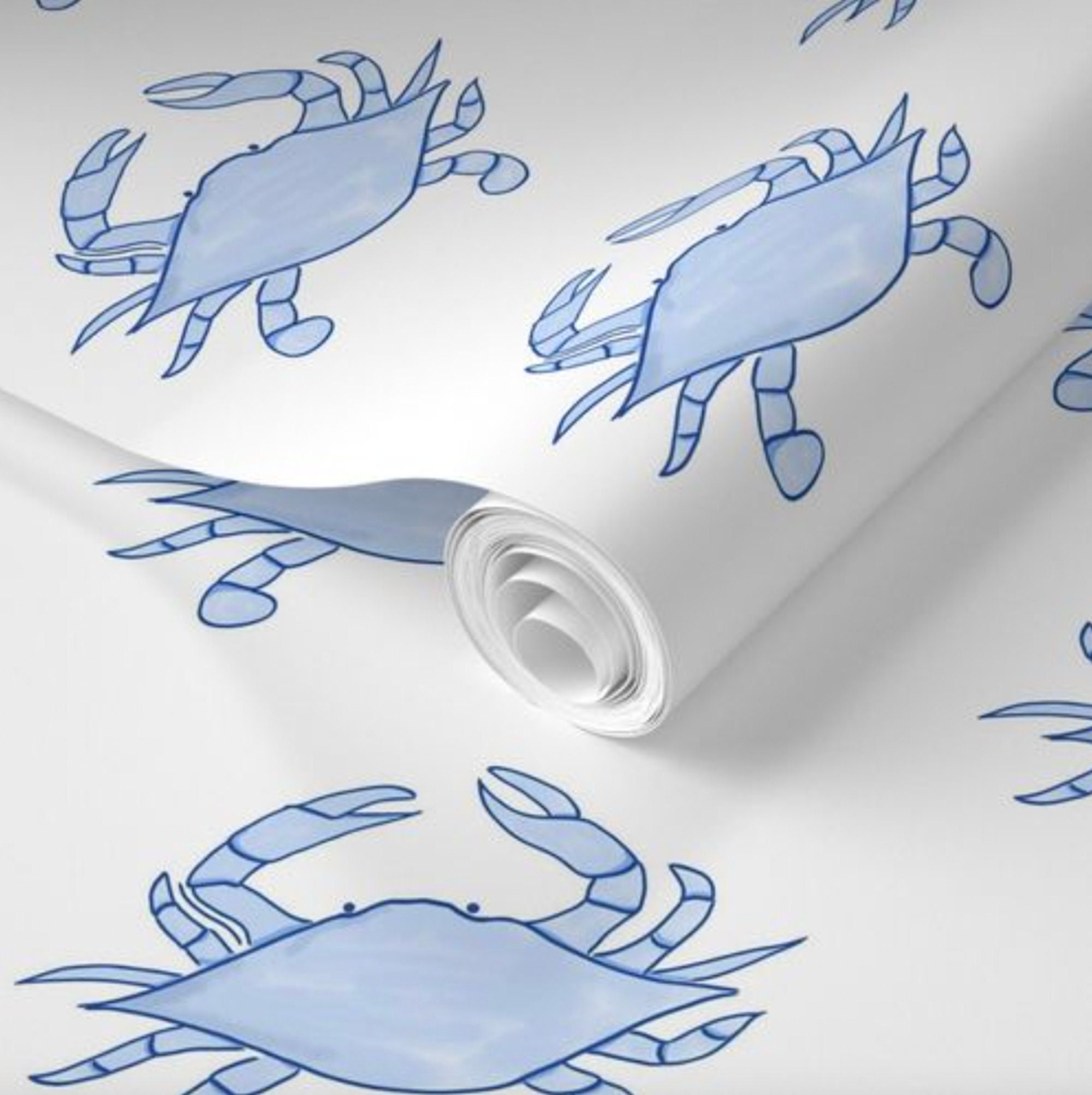 Peel and Stick Blue Crab Wallpaper, Coastal Renters Wallpaper, Nautical Tropical, Self Adhesive Wallpaper Roll, Beach, Removable Paper