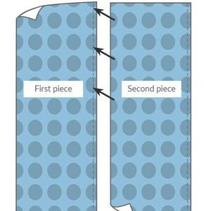 Pode incluir: Diagrama que mostra como pendurar papel de parede com duas pe&ccedil;as de papel de parede, cada uma com 61 cm de largura, sobrepostas por 1 cm. A primeira pe&ccedil;a est&aacute; &agrave; esquerda e a segunda pe&ccedil;a est&aacute; &agrave; direita. O papel de parede tem um fundo azul com bolinhas brancas.