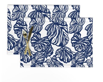 Blue Palm Linen Cotton Canvas Placemats, Coastal Dinner Placemats, Nautical Tropical Dining Table, Beach Home Decor, Navy Palm Fonds