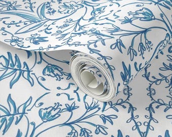 Papel pintado floral azul preencolado, decoración de pared temporal extraíble