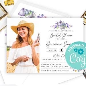 Bridal Tea Invitation with Photo Template Bridal Shower Invite Custom Lavender Teacup Tea Bag Floral Design Digital Download DIY Template