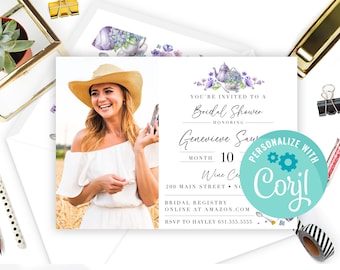 Bridal Shower Tea Party Invitation: Lavender Floral Teacup, Photo Template (Digital Download)
