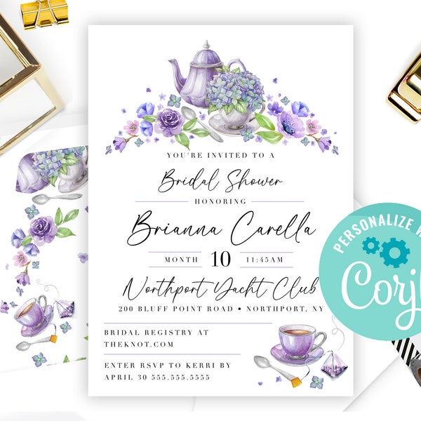 Bridal Tea Invitation Template Bridal Shower Invite Custom Lavender Teacup Tea Bag Floral Design Digital Download DIY Template