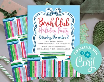 May include: A light blue invitation for a Book Club Holiday Party, featuring a bow design and text. The invitation includes details for the event, such as the date, time, and location. Decorative bookmarks with colorful book spines are also visible.