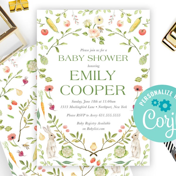 Garden Baby Shower Invite INSTANT DOWNLOAD Gardener’s Delight Invitation Printable Bunny Rabbit Editable Garden Bridal Shower