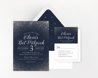 Bat Mitzvah Invitation / Ombre Invitation / Glitter Invitation / Navy Invitation /  Religious Invitation / Custom Printable