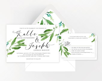 Custom Wedding Invitations, Botanical Leaves Watercolor, Simple Elegant Design, Professionally Printed or Print Yourself